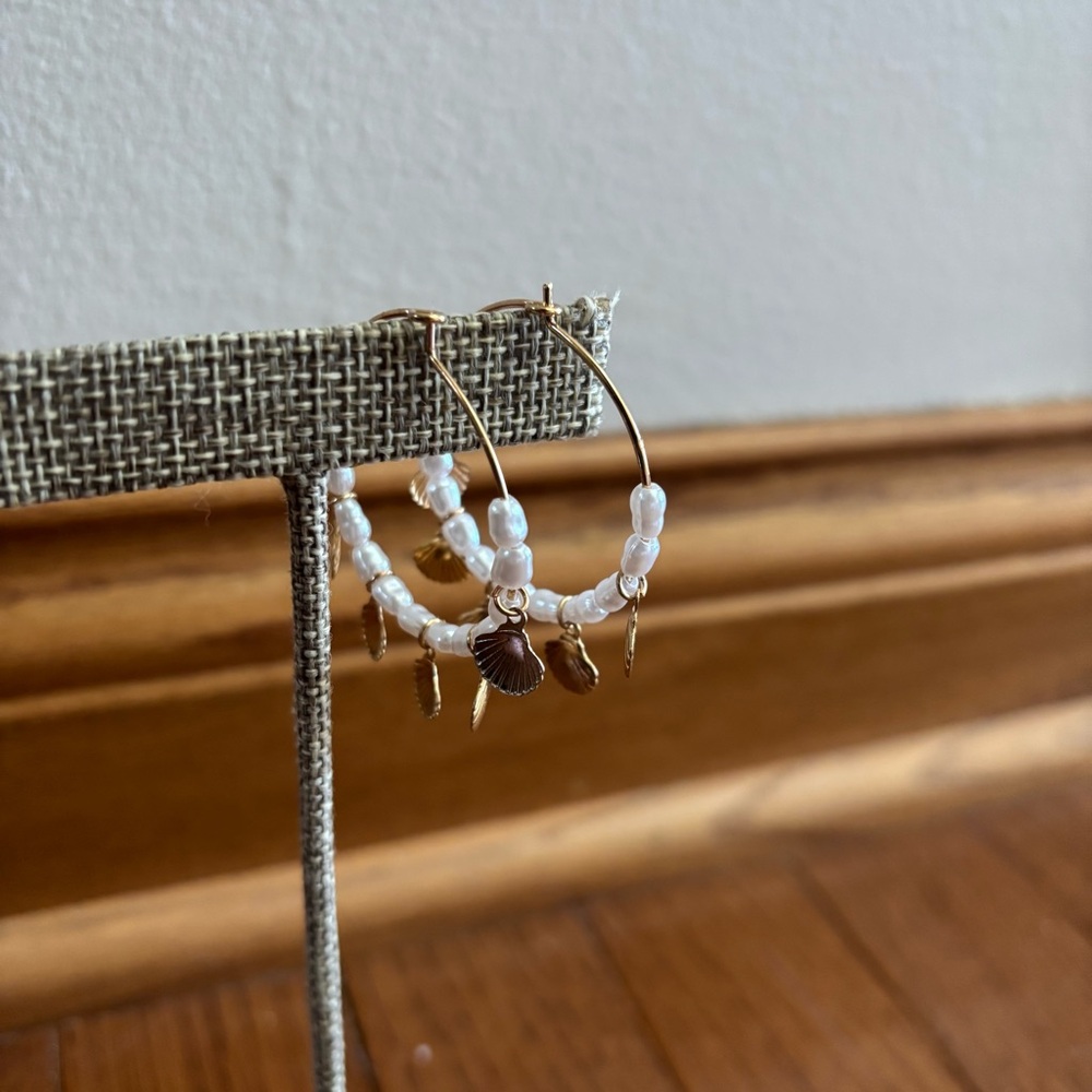 Gold Tone Pearl and Seashell Charm Hoops